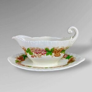 Wedgwood Wildbriar Pink‎ Gravy Boat Underplate Floral Ironstone 1957 Vintage